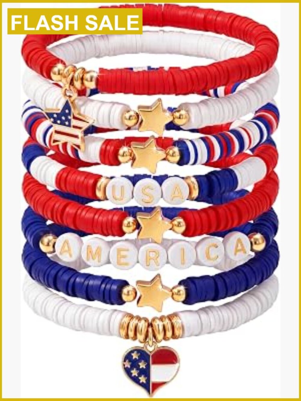 8 Pack Stretch Beaded Bracelets Set - Patriotic Friendship Bracelets - Stackable